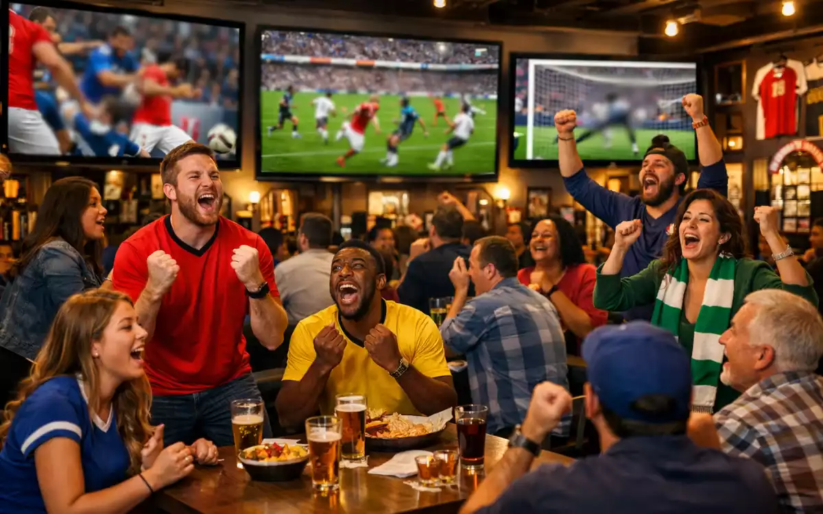 Aficionados viendo un partido de fútbol en un bar deportivo con pantallas grandes