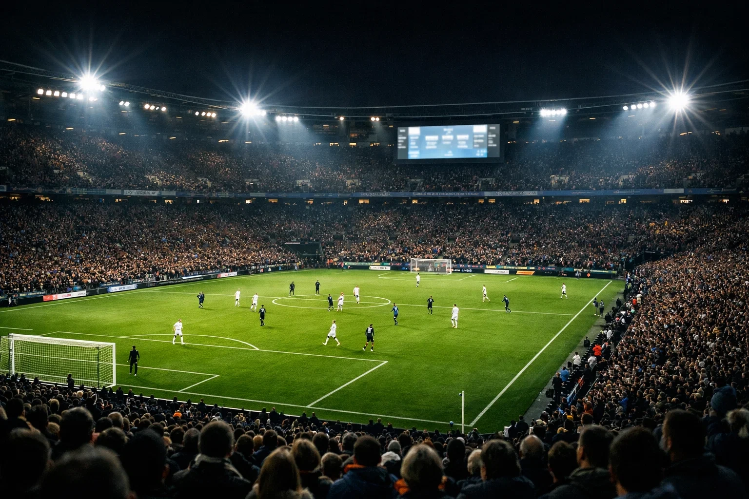 Estadio de fútbol lleno de aficionados durante un partido nocturno con marcador visible