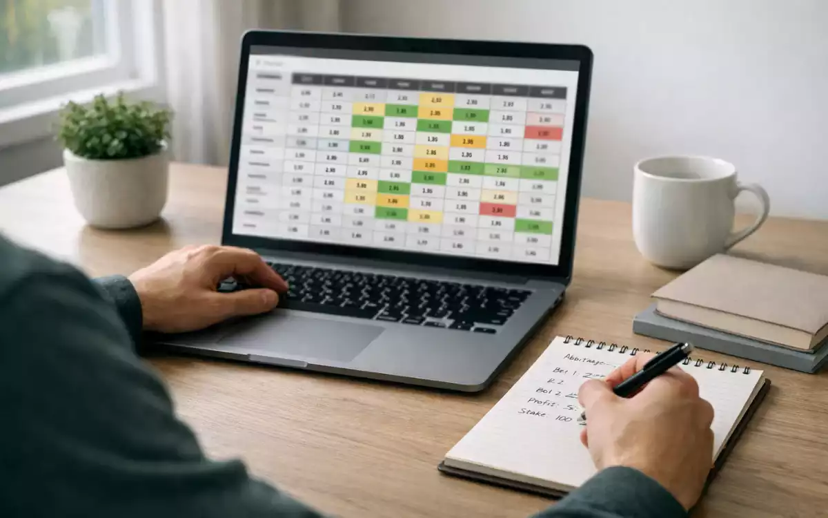 Persona estudiando datos de cuotas en ordenador portátil con notas y libreta