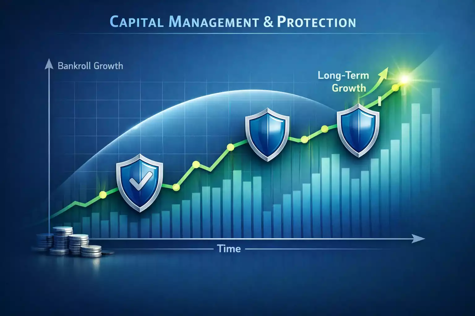 Representación visual de gestión de capital con gráficos de crecimiento y protección del dinero