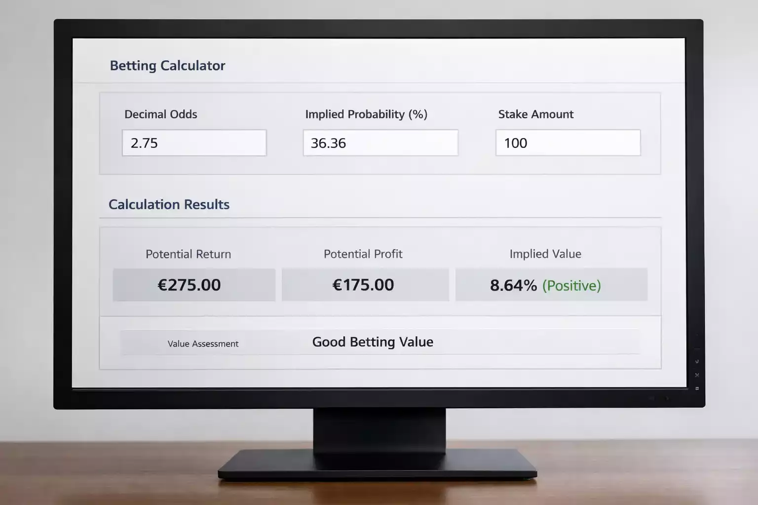 Interfaz de calculadora de apuestas en pantalla de ordenador mostrando cálculos de cuotas