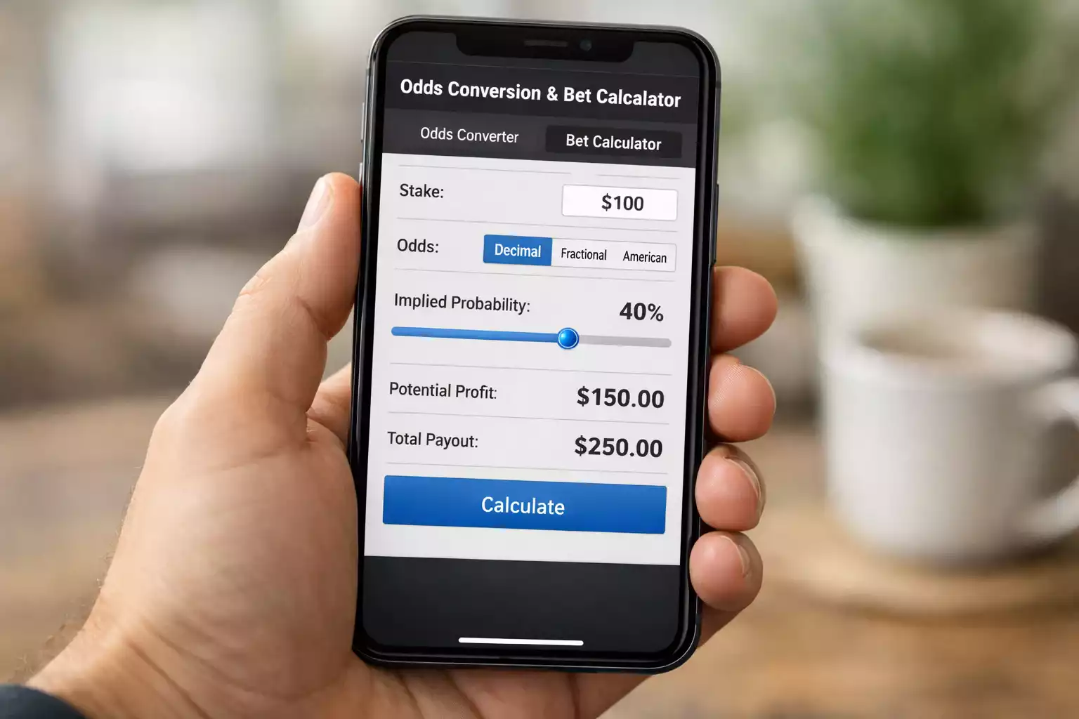 Smartphone mostrando aplicación de calculadora de apuestas deportivas