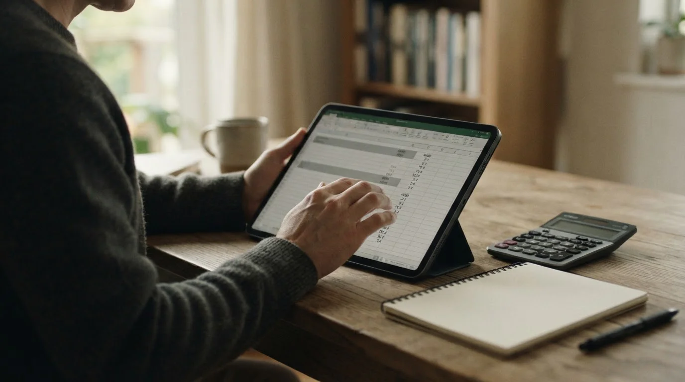 Persona analizando condiciones de bonificación con calculadora y documento en pantalla