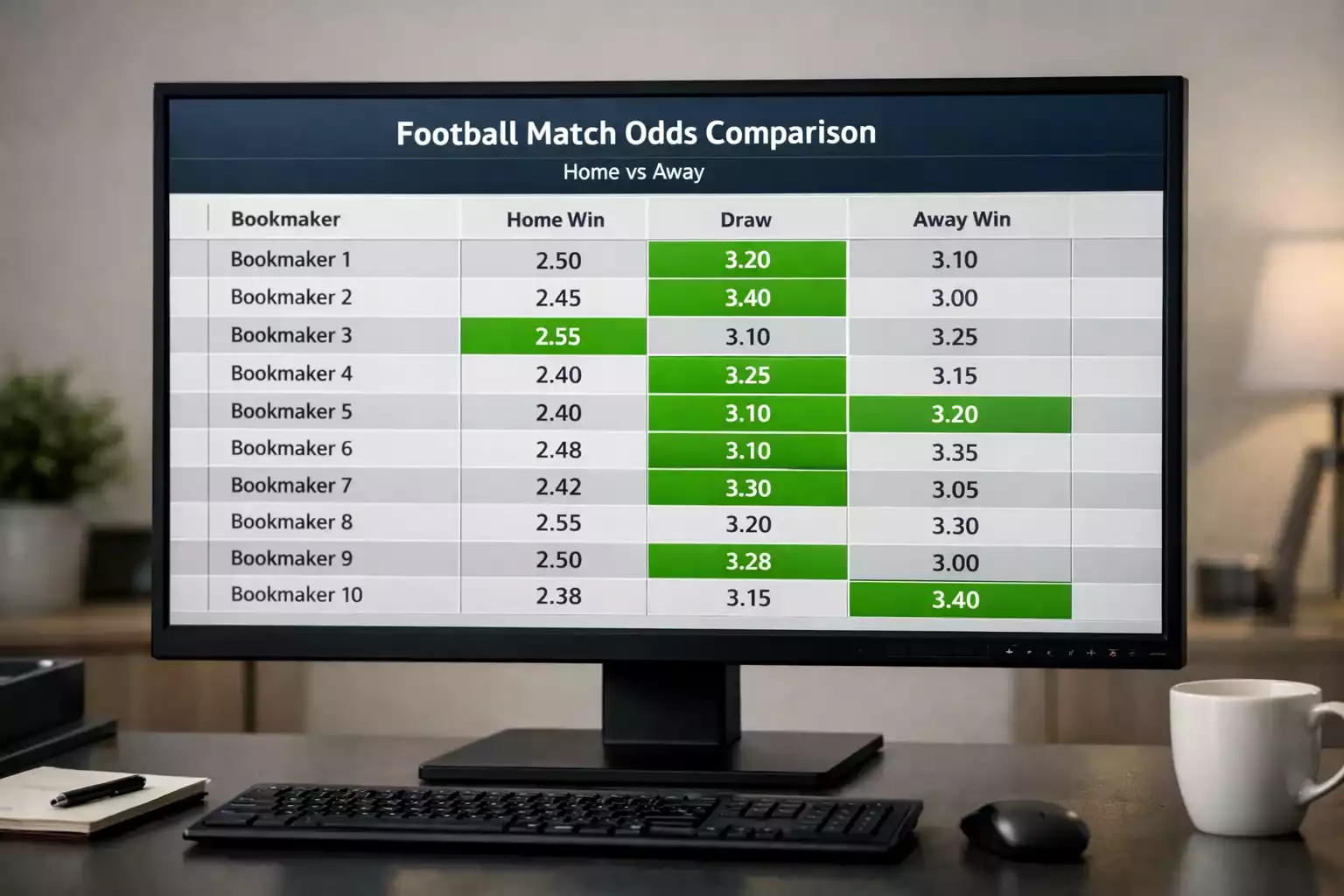 Pantalla mostrando tabla comparativa de cuotas de diferentes casas de apuestas