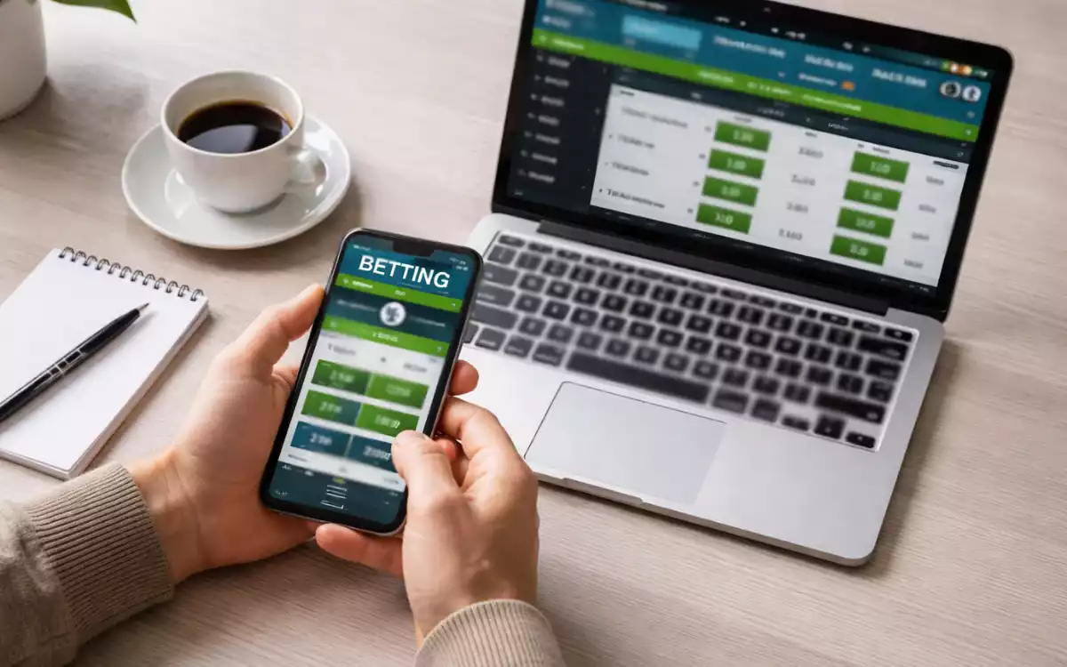 Persona comparando cuotas en un smartphone y un ordenador portátil