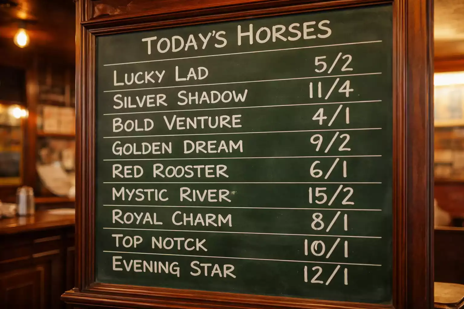 Pizarra de apuestas tradicional británica mostrando cuotas fraccionarias en un hipódromo