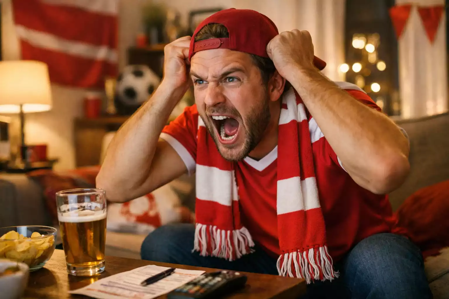 Aficionado viendo partido de su equipo favorito con emociones intensas