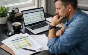 Persona analizando registro de apuestas identificando errores y patrones