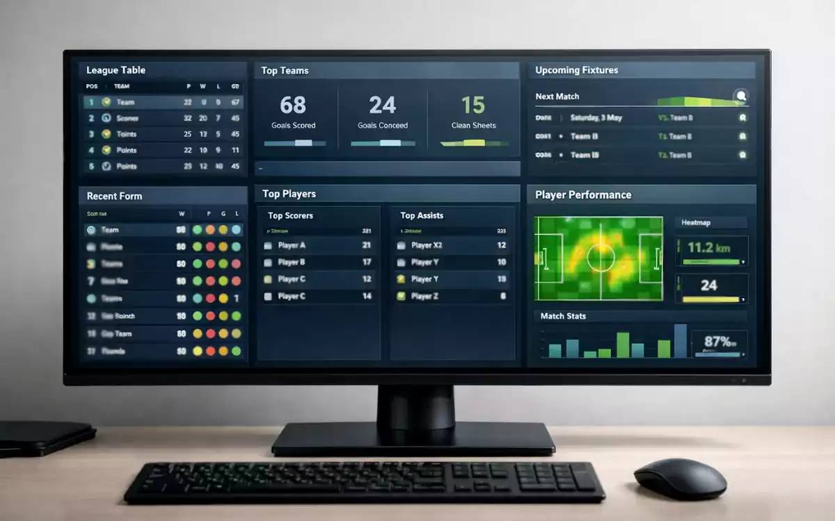Dashboard de estadísticas de fútbol mostrando datos de equipos y jugadores