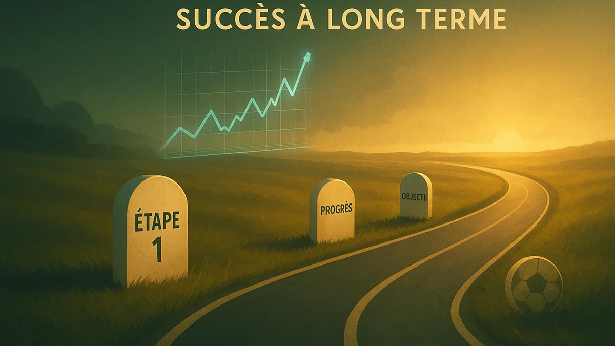 Value betting sostenible - estrategia a largo plazo en fútbol representada como camino de maratón hacia el horizonte