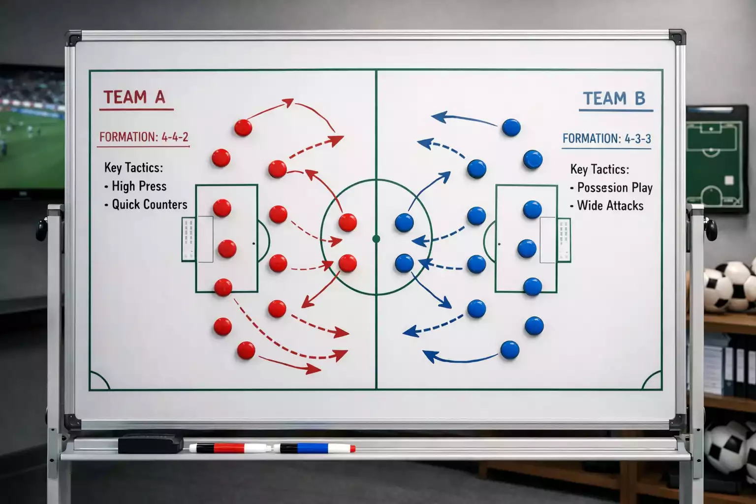 Pizarra táctica de fútbol mostrando formaciones y estrategias de dos equipos