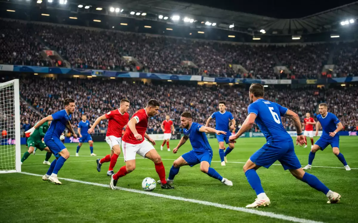 Partido de fútbol con dos equipos en acción mostrando diferencia de nivel competitivo