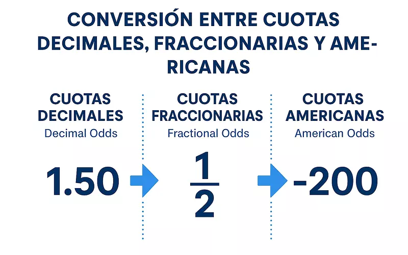 Infografía mostrando conversión entre cuotas decimales, fraccionarias y americanas