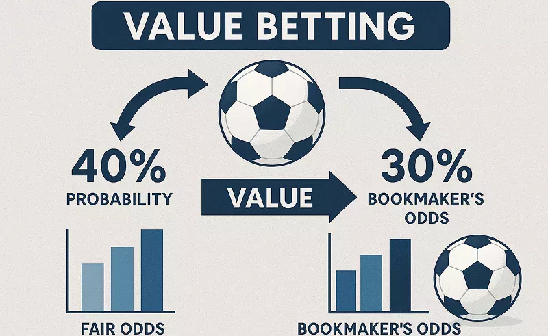 Explicación visual del concepto de value betting con gráficos y flechas