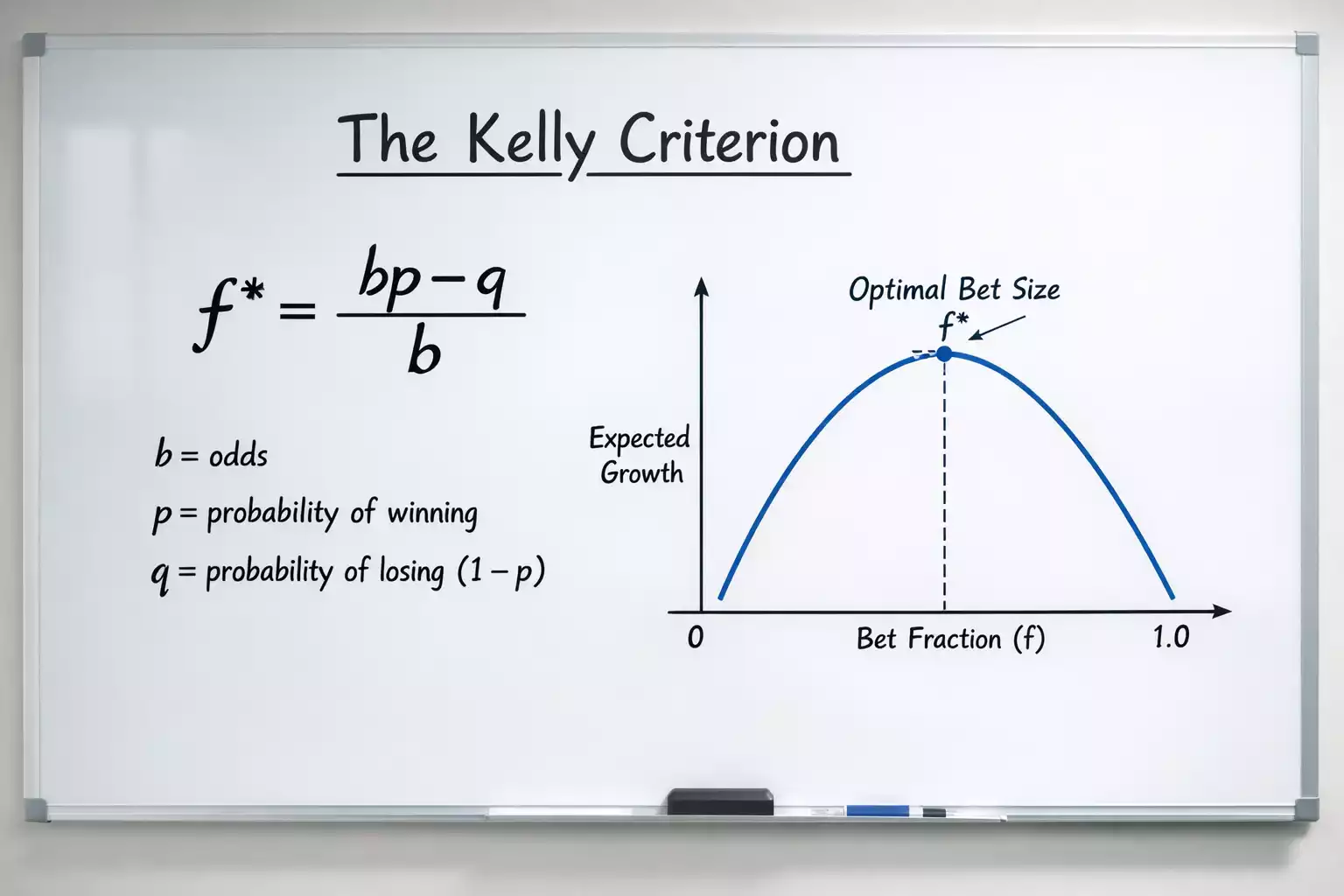 Fórmula matemática del Criterio de Kelly mostrada en una pizarra con gráficos de optimización