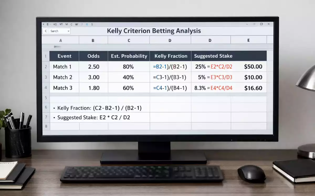 Hoja de cálculo mostrando columnas de probabilidad, cuota y stake Kelly calculado