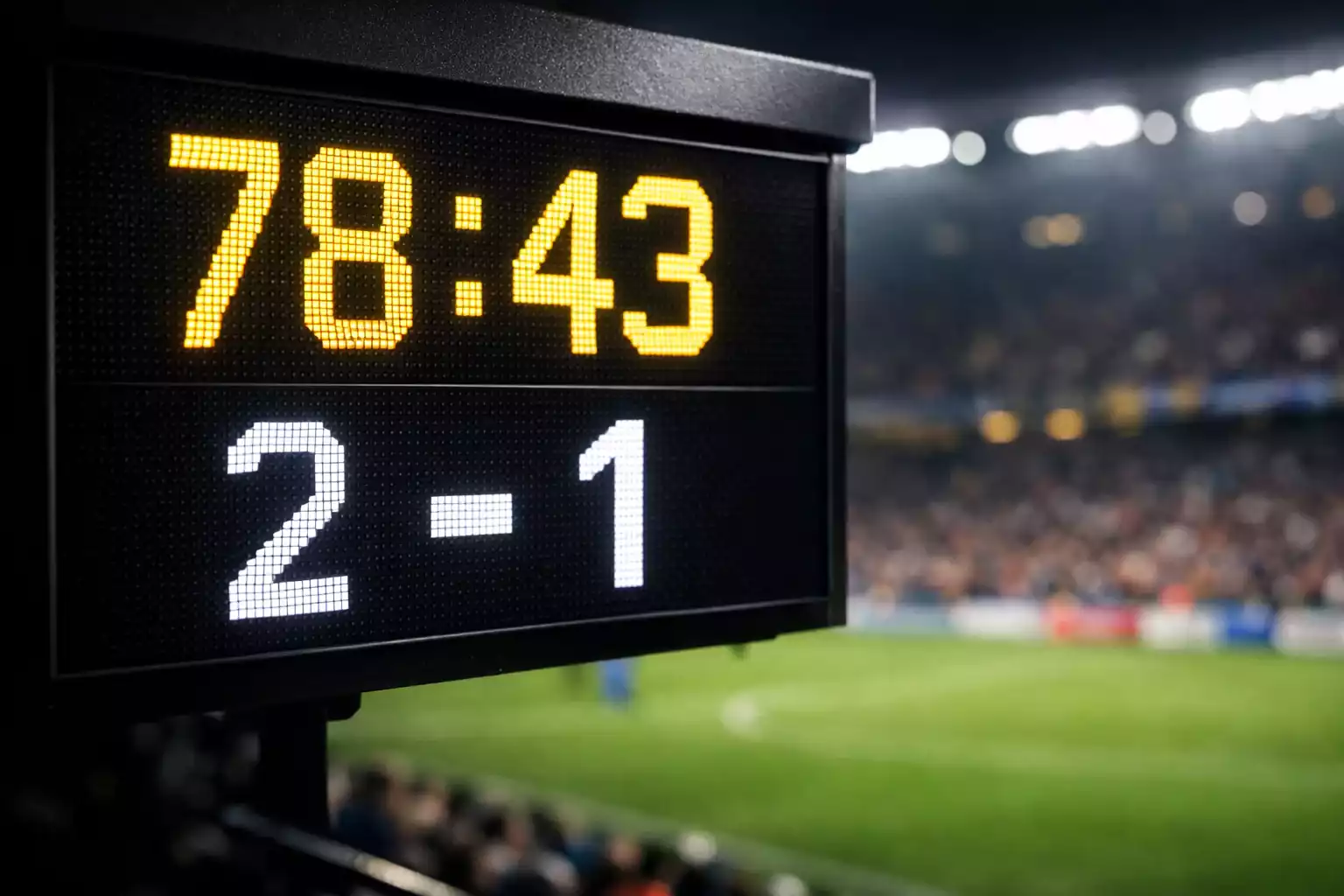 Reloj de estadio mostrando tiempo de partido con marcador electrónico