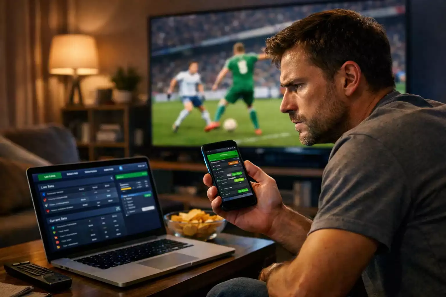 Persona concentrada mirando partido de fútbol en televisión con móvil en mano