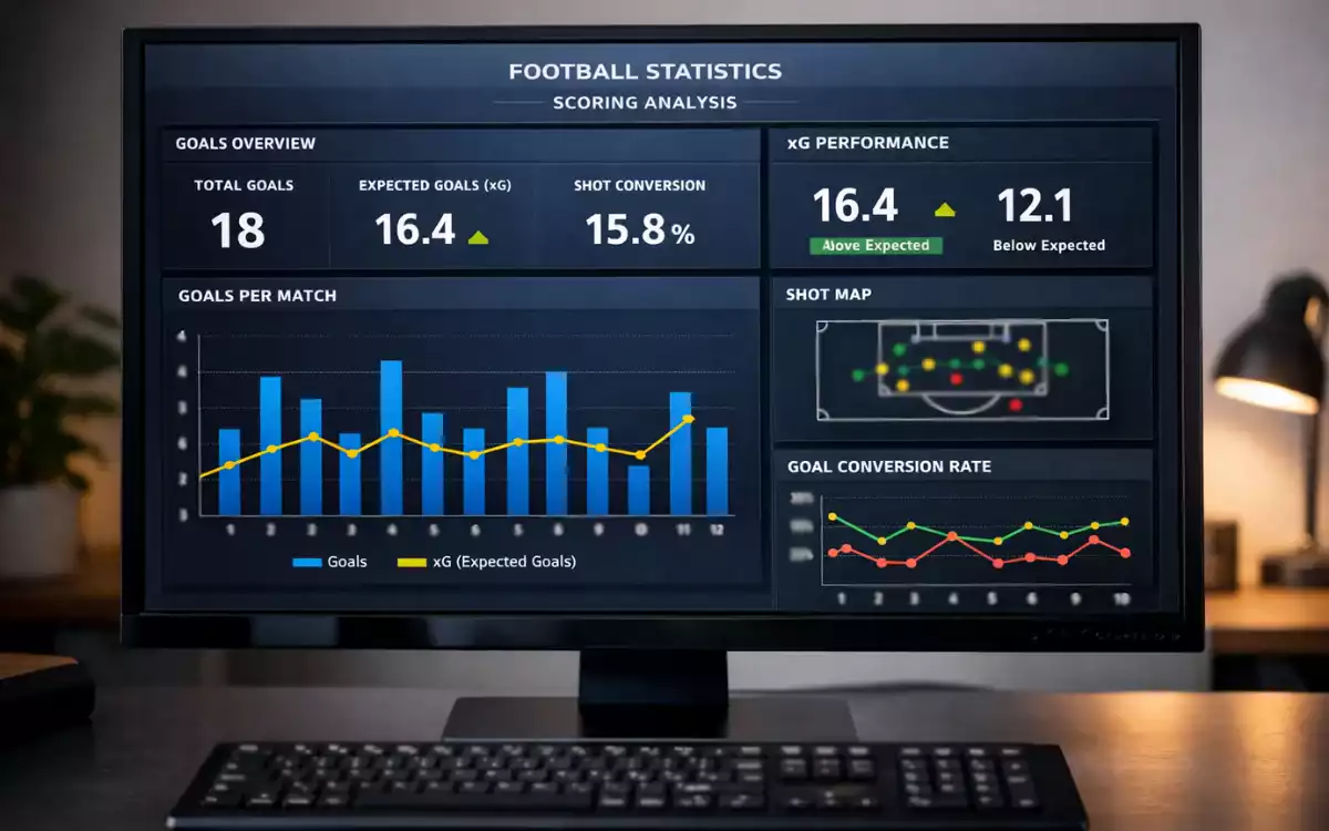 Pantalla de ordenador mostrando estadísticas de goles y gráficos de rendimiento de equipos de fútbol