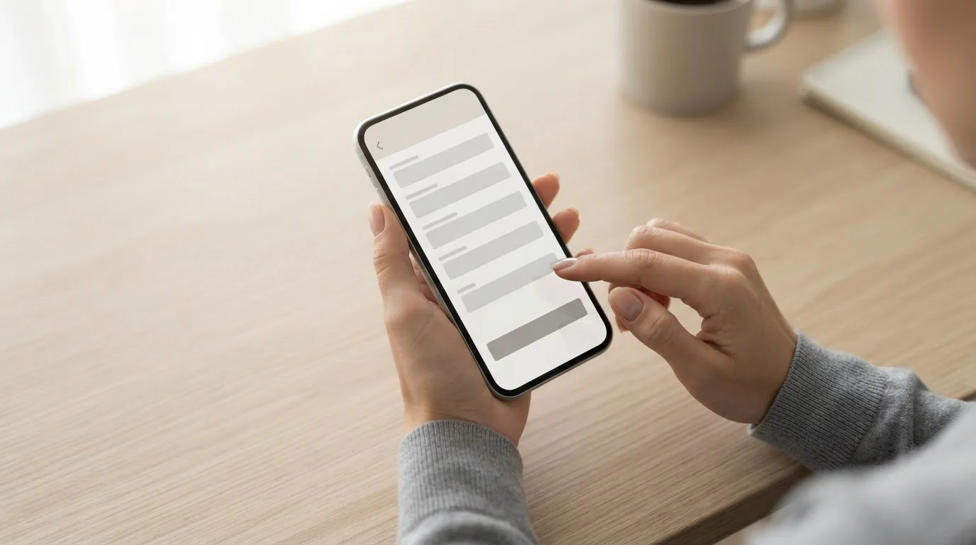 Manos completando formulario de retirada en dispositivo móvil