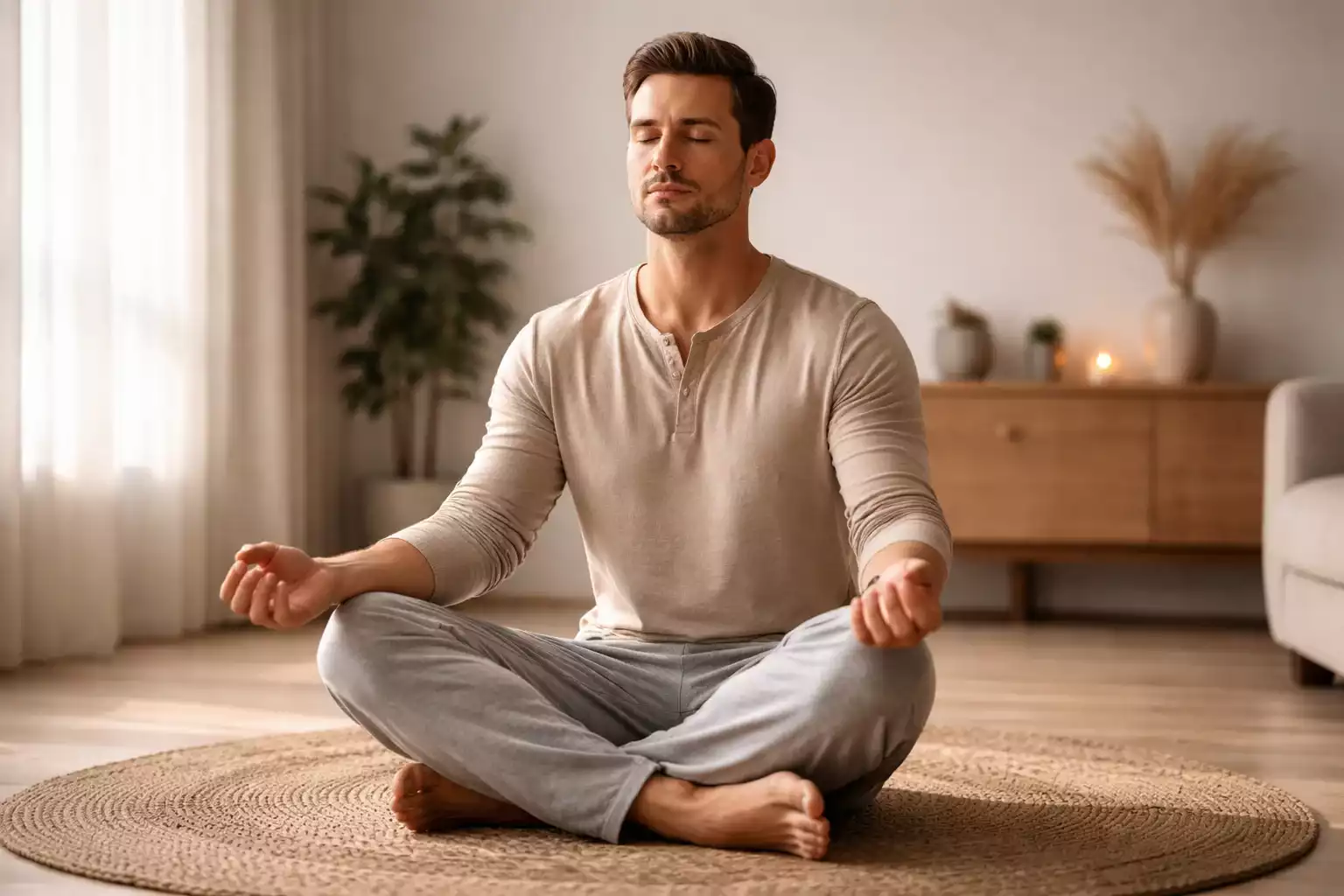 Persona meditando en ambiente tranquilo representando control mental para apuestas