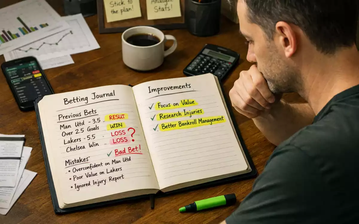 Persona revisando cuaderno de apuestas analizando errores y patrones de mejora