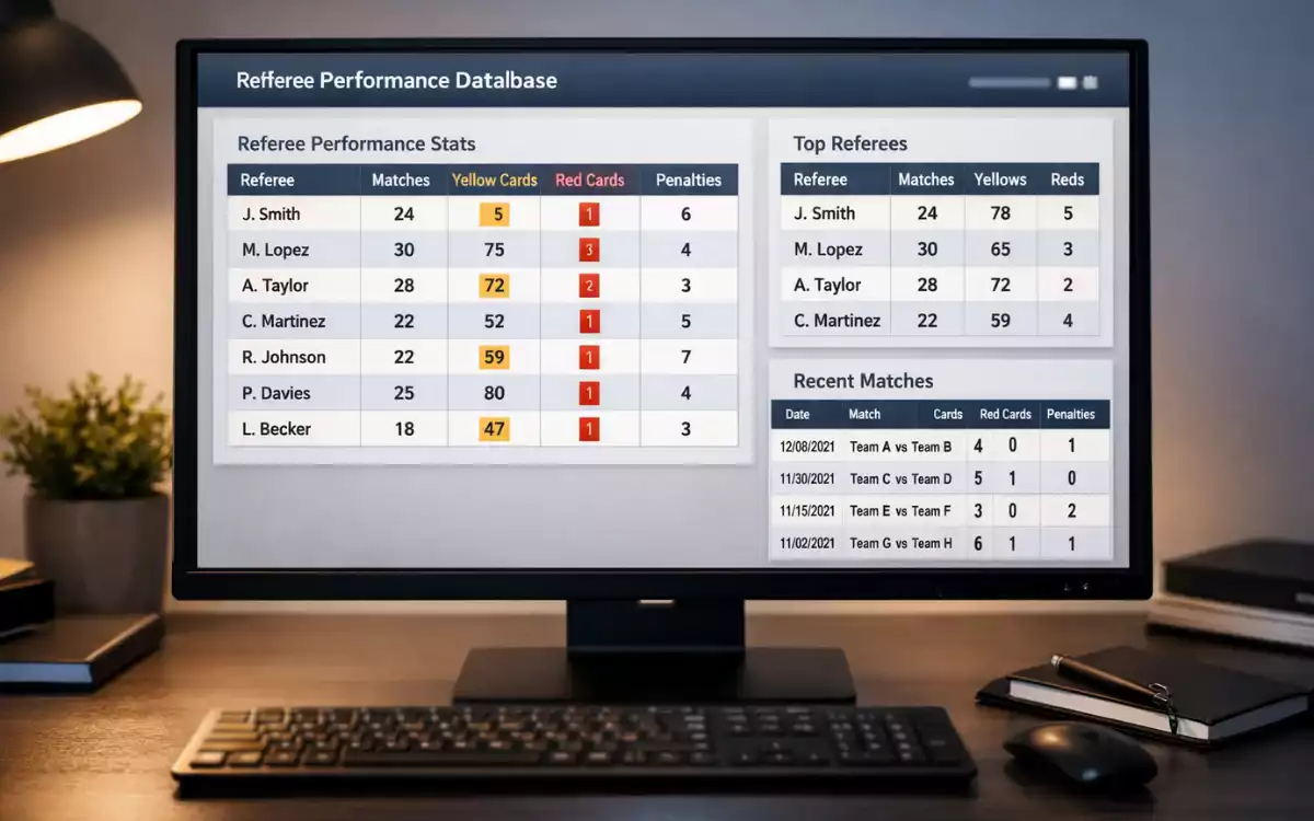 Pantalla de ordenador mostrando estadísticas y datos de árbitros de fútbol