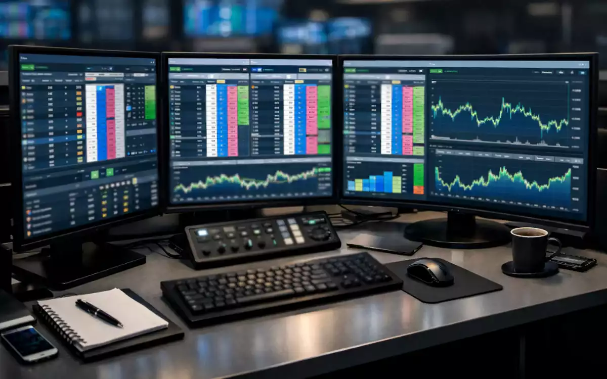 Pantallas de ordenador mostrando gráficos de cuotas y mercados de exchange de apuestas