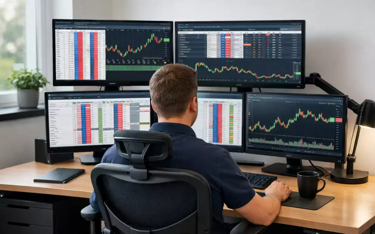 Persona trabajando en escritorio con múltiples monitores mostrando mercados de apuestas