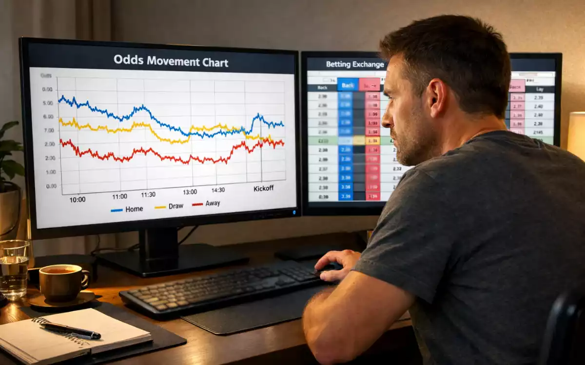 Trader analizando movimientos de cuotas en múltiples pantallas antes de un partido