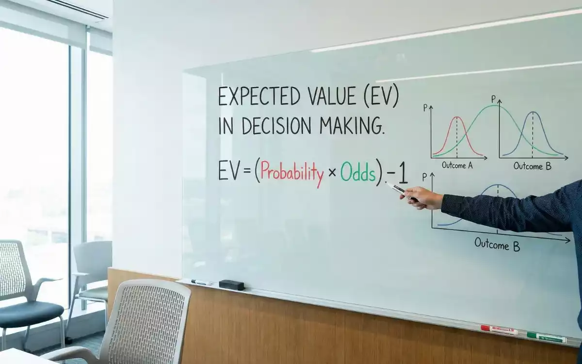 Fórmula matemática de valor esperado mostrada en una pizarra junto a gráficos de probabilidad