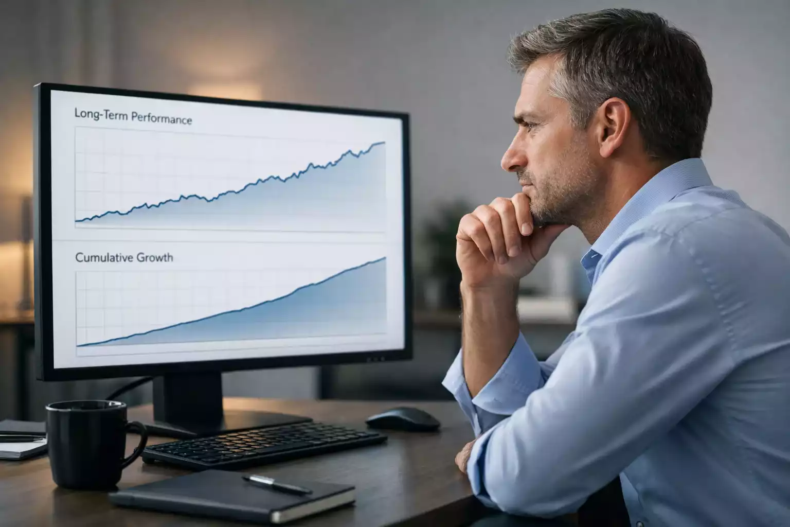 Persona pensativa analizando decisiones de apuestas con gráficos de largo plazo en pantalla
