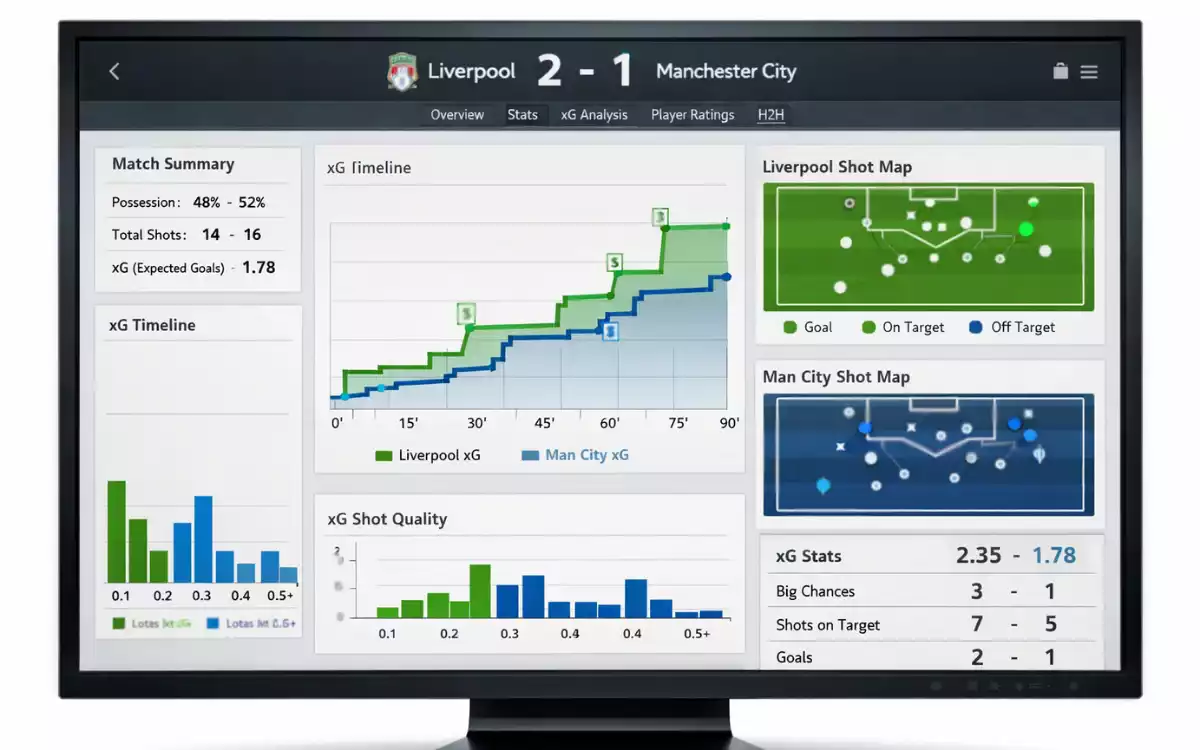 Pantalla de ordenador mostrando dashboard con estadísticas xG de partidos de fútbol