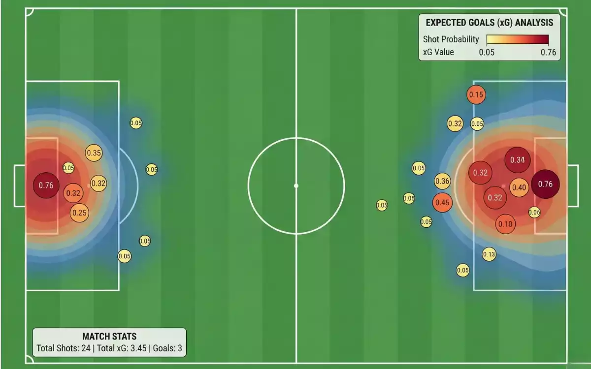 Visualización de mapa de disparos de un partido de fútbol con valores xG